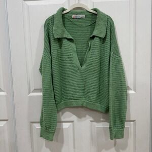 FP Beach Free People Green Textured Knit Pullover‎ Collar Sweater Top